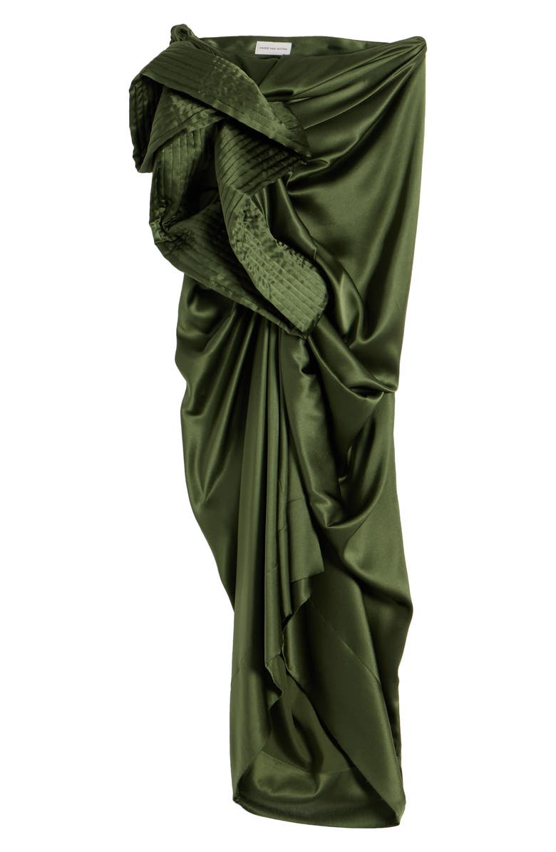 Dries Van Noten Solla Draped Silk Stretch Satin Skirt, Alternate, color, Khaki