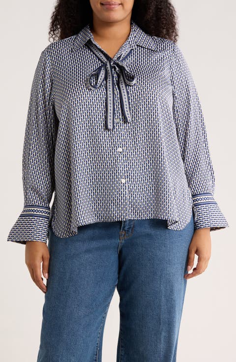 Tie Neck Satin Button-Up Shirt