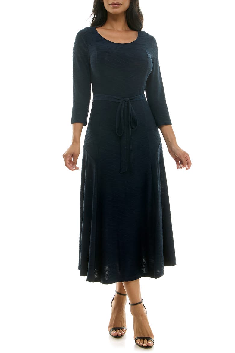Sylvia Tie Waist A-Line Midi Dress, Main, color, NAVY STITCHED