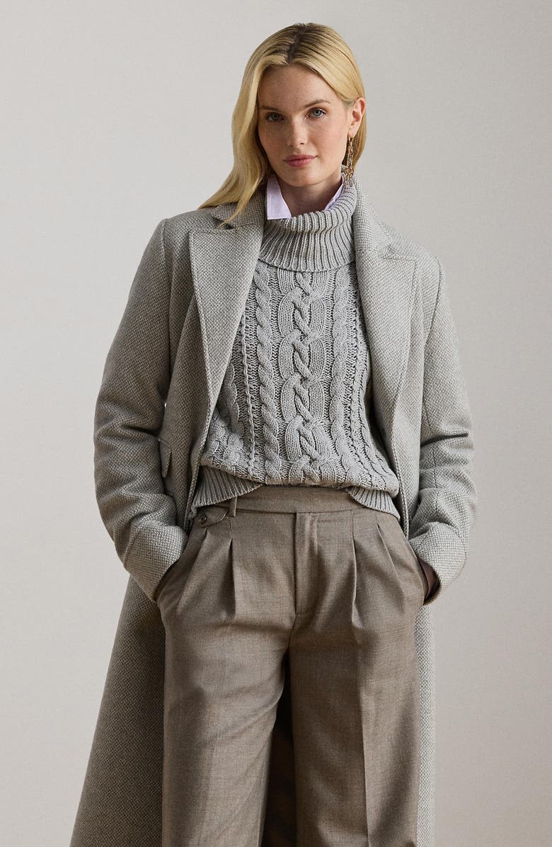 Lauren Ralph Lauren Longline Herringbone Wool Blend Reefer Coat, Alternate, color, Light Grey Broken Twill
