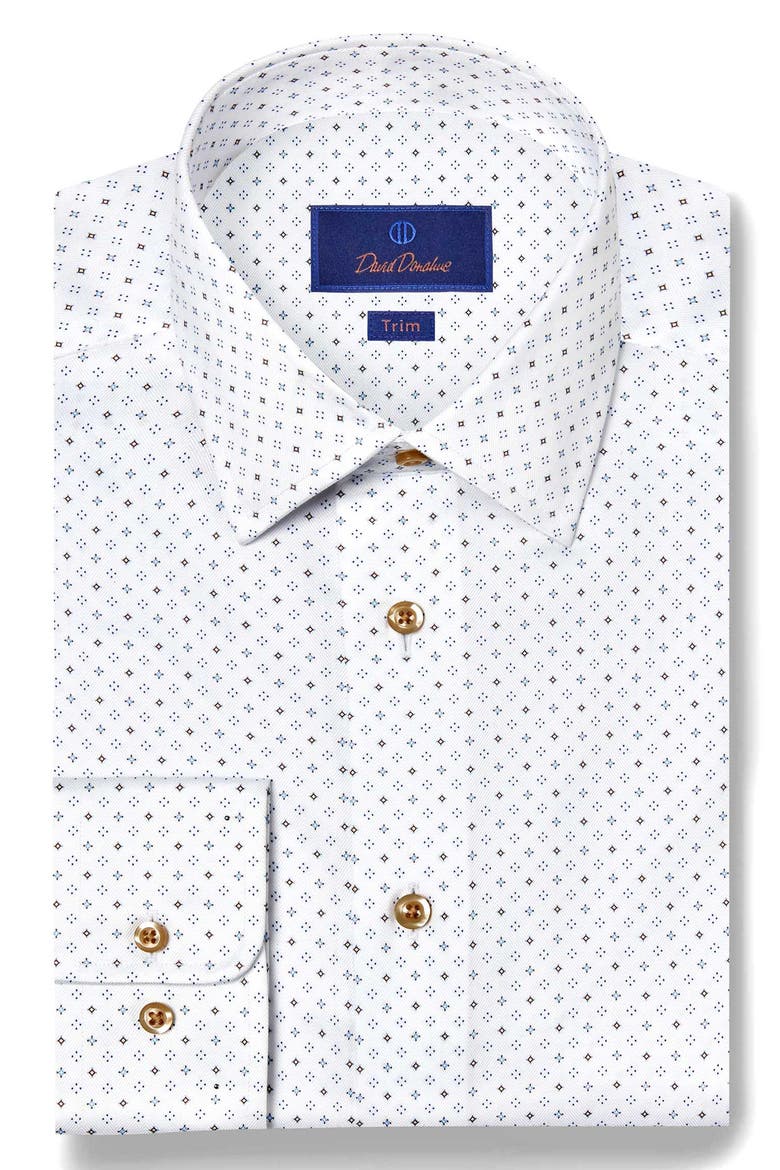 Trim Fit Diamond Geometric Print Dress Shirt, Main, color, WHITE/ CHOCOLATE