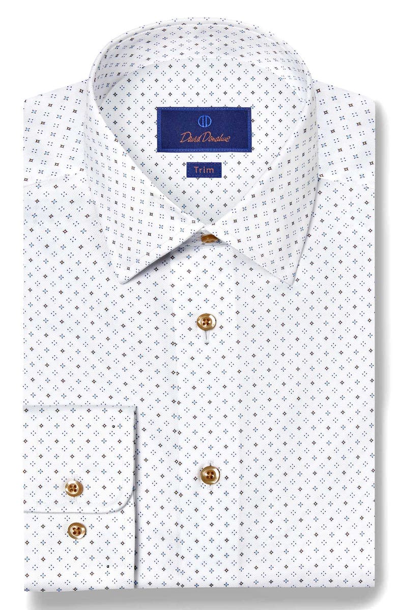 David Donahue Trim Fit Diamond Geometric Print Dress Shirt, Main, color, White/ Chocolate
