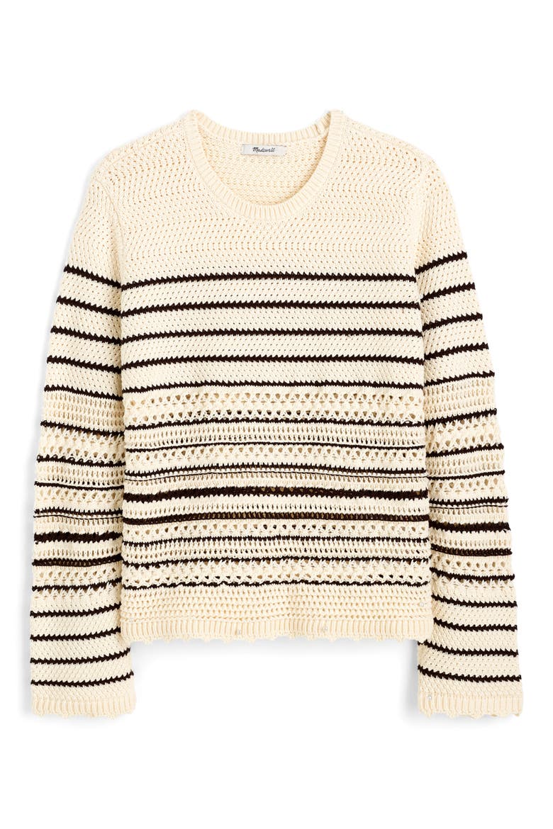 Open Stitch Cotton Sweater, Alternate, color, IVORY AND CHOCOLATE STRIPE