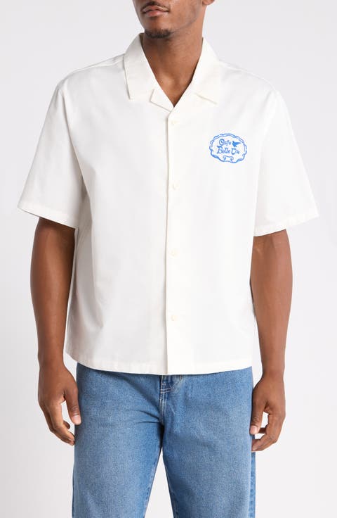Cafe Embroidered Cotton Blend Camp Shirt