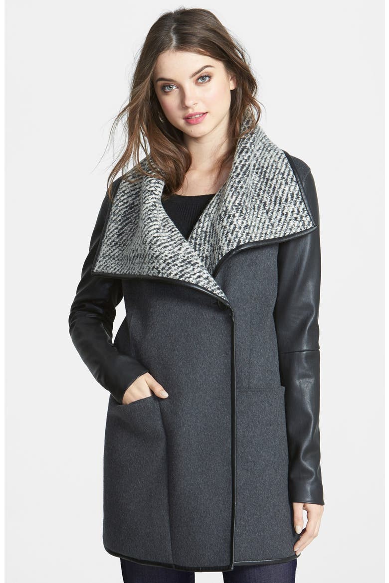 Faux Leather Sleeve Wool Blend Coat, Main, color, CHARCOAL COMBO