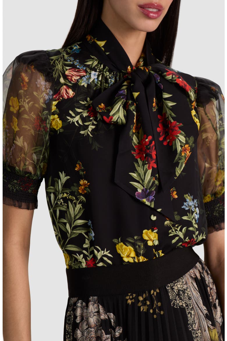 Brentley Tie Neck Puff Sleeve Top, Alternate, color, DESERT SPRIGS BLACK