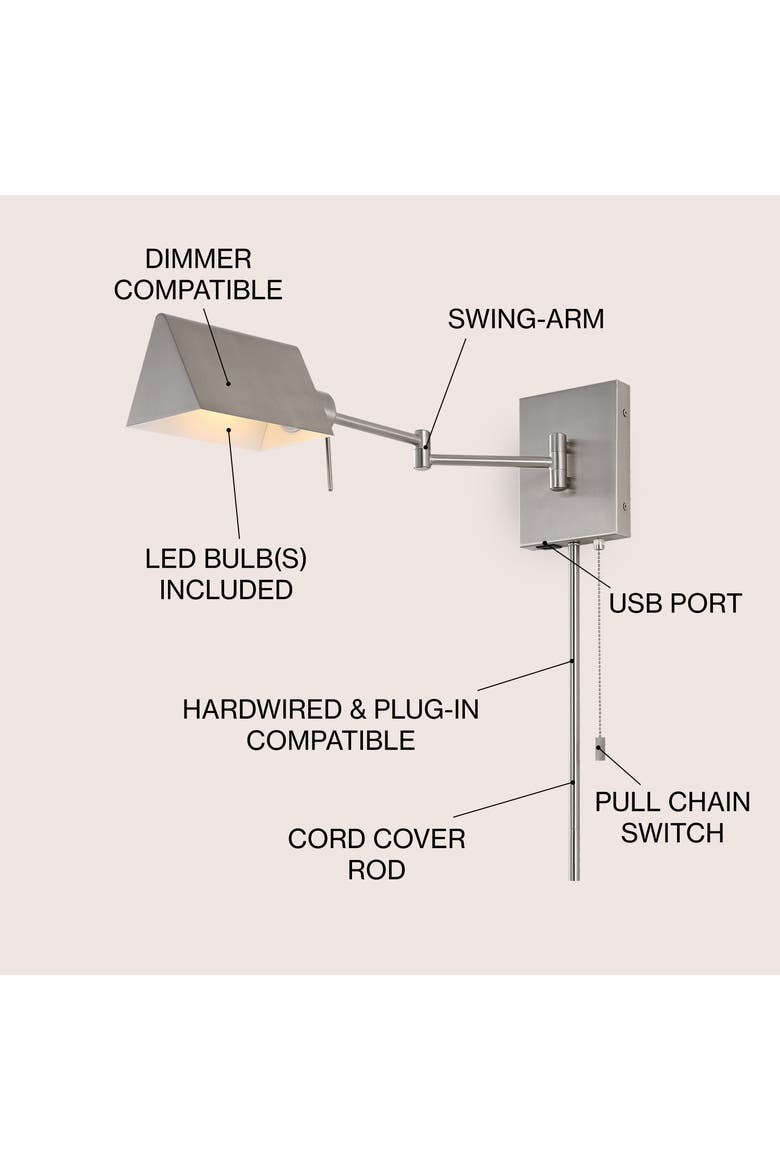 Arlo 1-Light Farmhouse Industrial Single Swing Arm Plug-In or Hardwired Iron LED Wall Sconce with Pull-Chain USB Charging Port, Alternate, color, Nickel