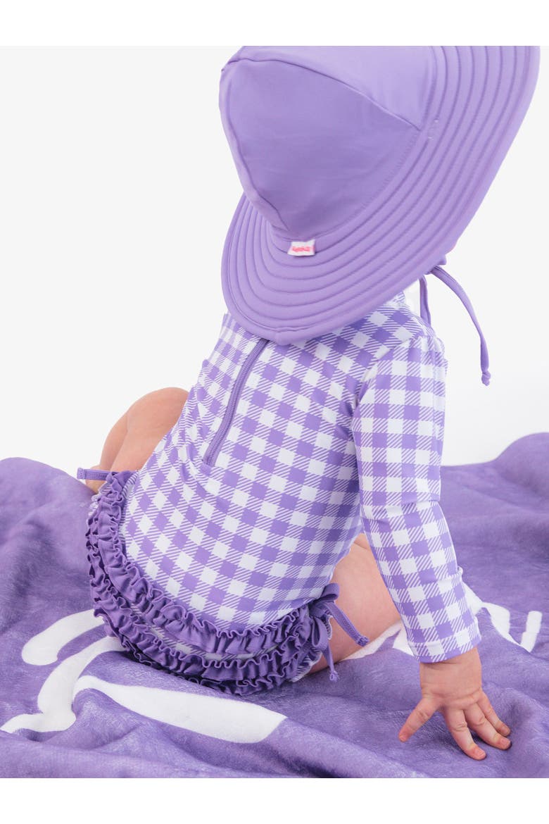 Baby Girls Gingham Long Sleeve UPF50+ One Piece Rash Guard, Alternate, color, Wisteria Purple Gingham