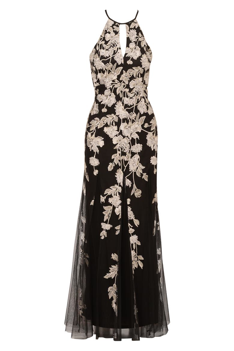Embroidered Godet Gown, Alternate, color, BLACK/ IVORY