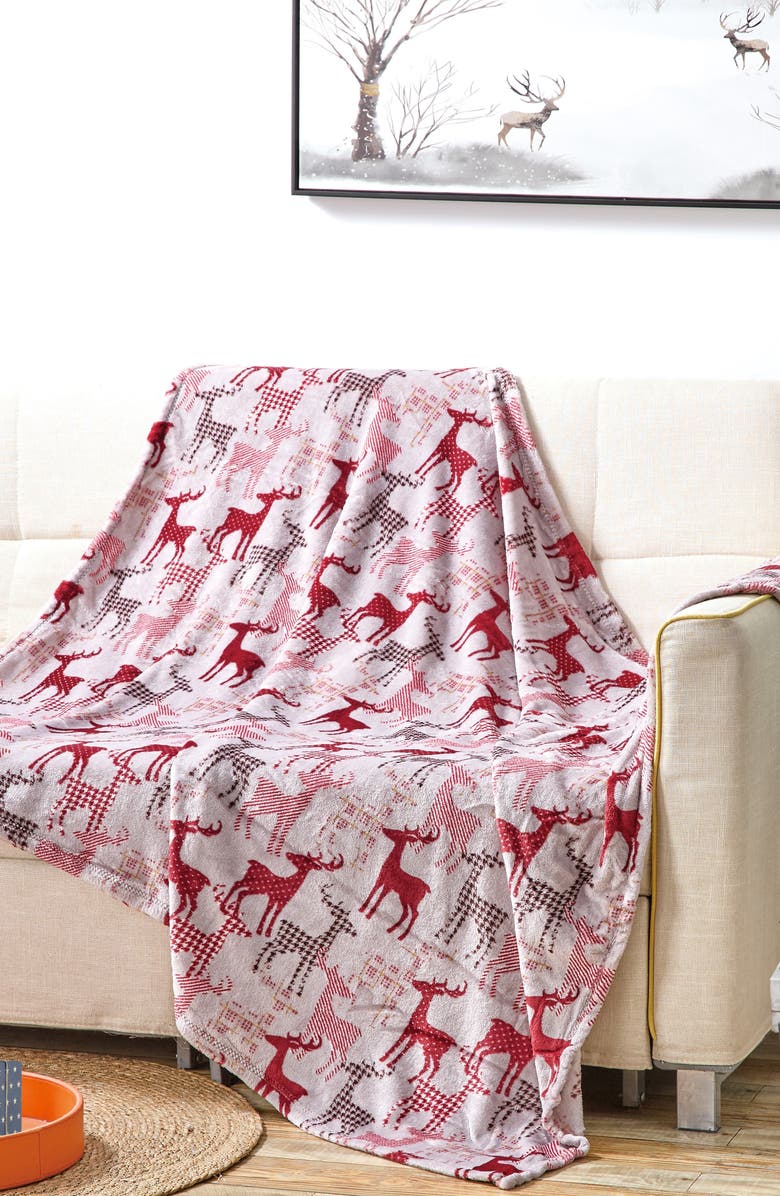 Luxury Home Tan Reindeer Plush Fleece Throw Blanket, Alternate, color, Multi
