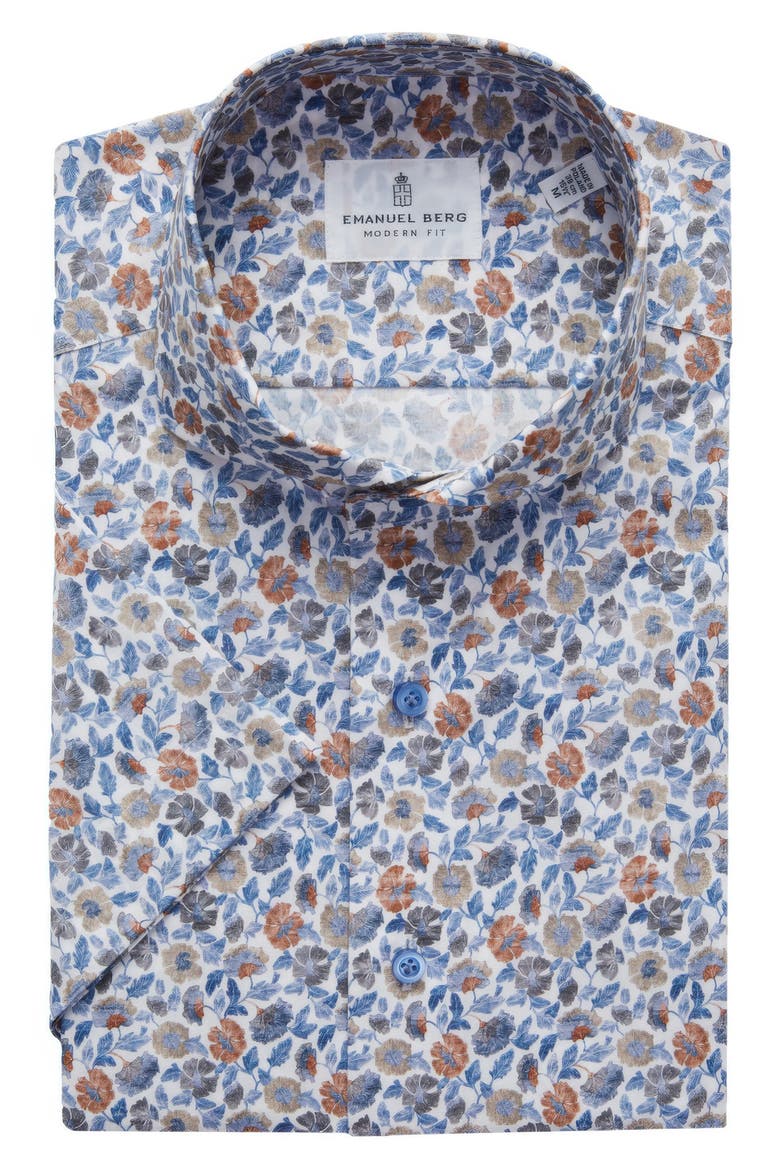 Modern Fit Floral Short Sleeve Stretch Poplin Sport Shirt, Main, color, BLUE