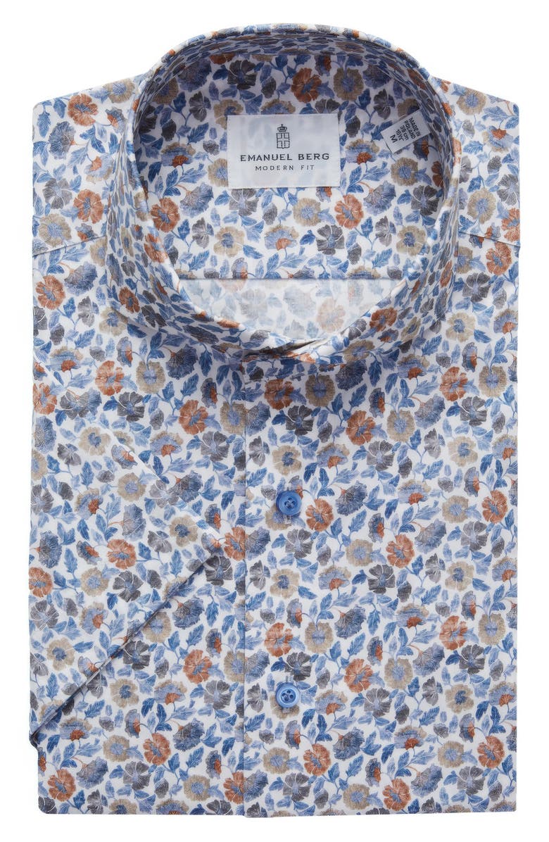 Emanuel Berg Modern Fit Floral Short Sleeve Stretch Poplin Sport Shirt, Main, color, Blue