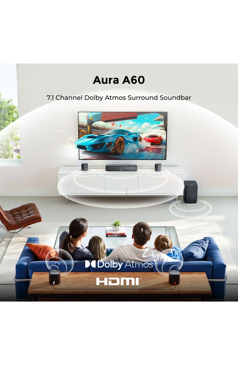 Ultimea aura a60 7.1ch sound bar with Dolby Atmos, subwoofer, 4 surround speakers, app control, HDMI eARC, Alternate, color, Black