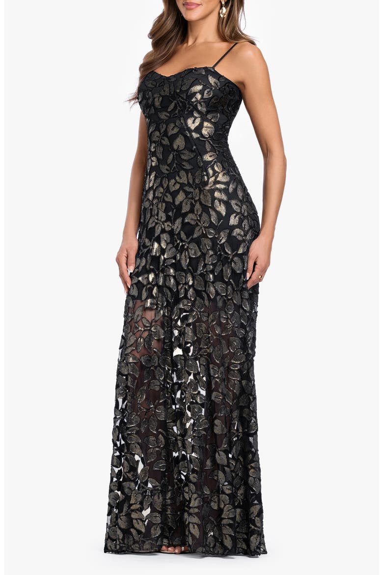 Metallic Leaf Burnout Gown, Alternate, color, BLK/ GOLD