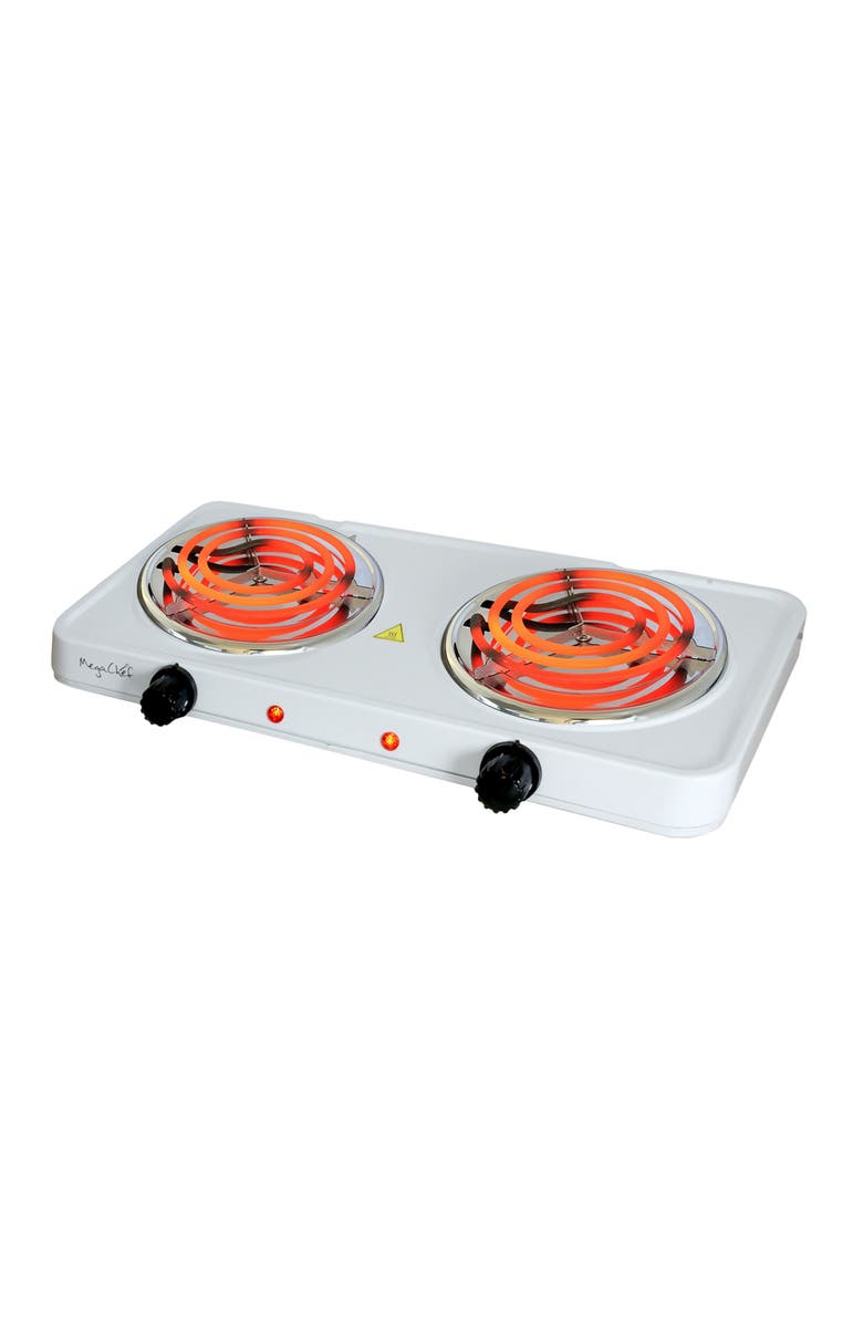 Megachef Electric Easily Portable Ultra Lightweight Dual Coil Burner Cooktop Buffet Range in White, Main, color, White