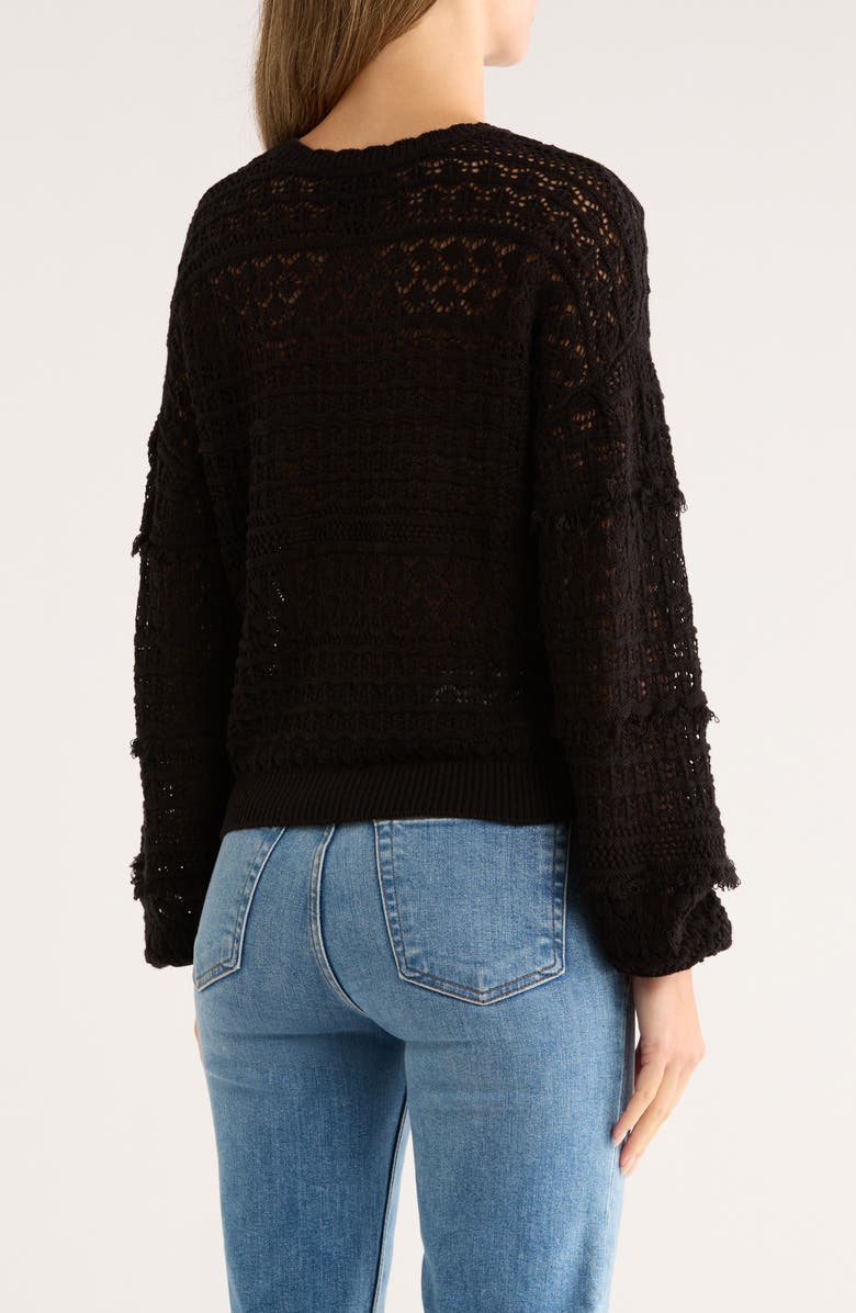 Bobeau Pointelle Fringe Open Knit Sweater, Alternate, color, Black