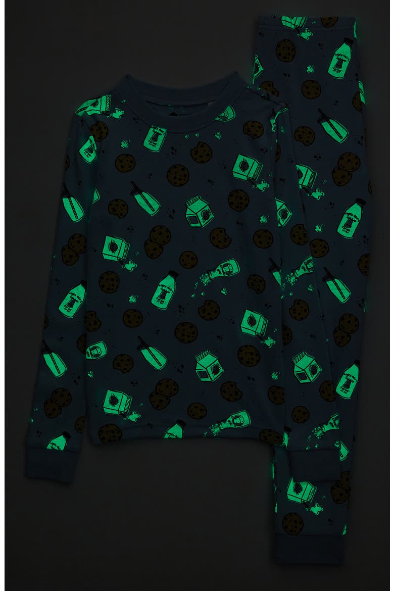 Kids' Glow in the Dark Fitted Two-Piece Pajamas, Alternate, color, BLUE SKYRIDE COOKIES GLOW