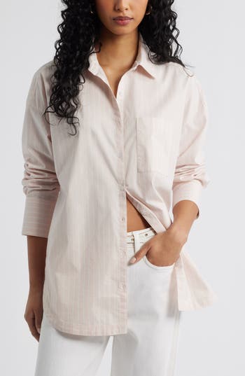 Open Edit Oversize Poplin Button-up Shirt In Pink- White Fine Pin