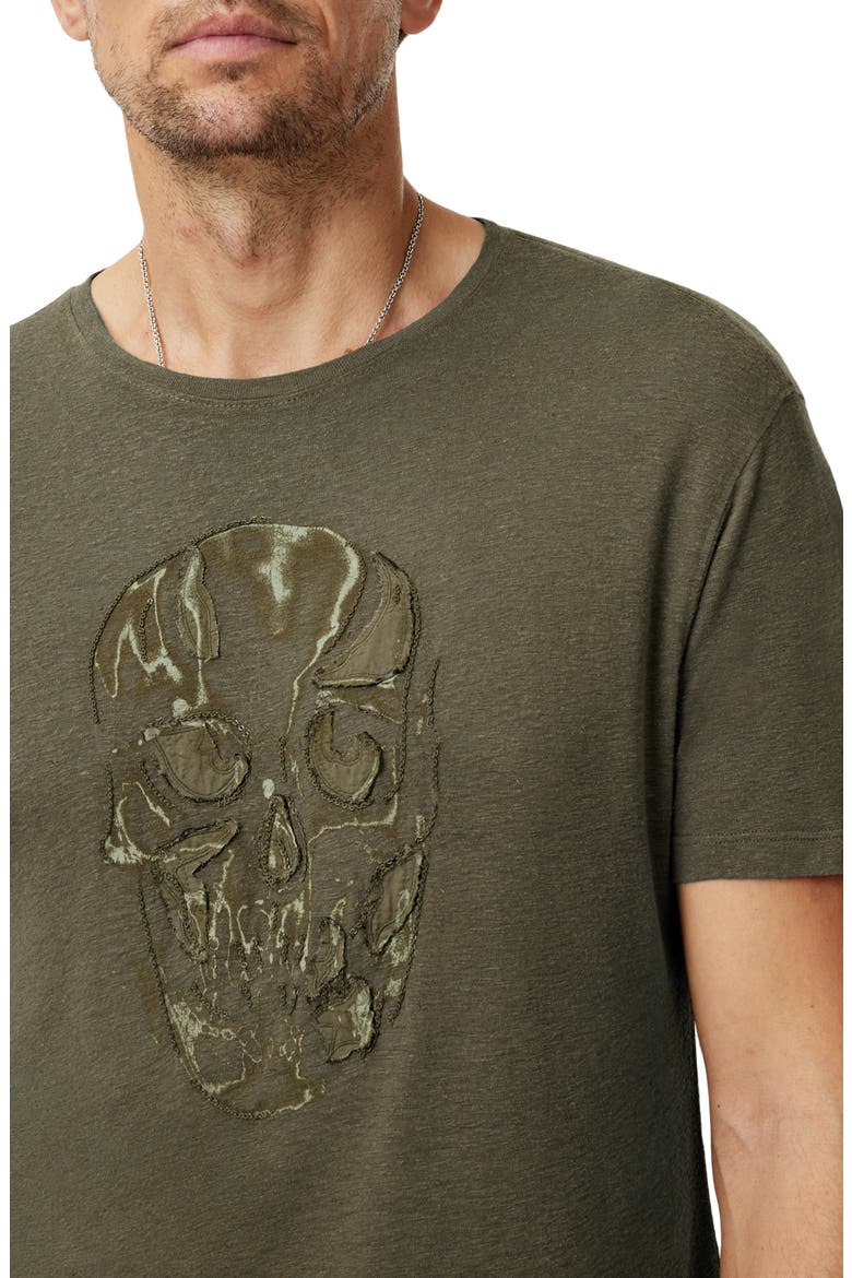 Chain Skull Appliqué Slub Linen Blend T-Shirt, Alternate, color, OLIVE LEAF