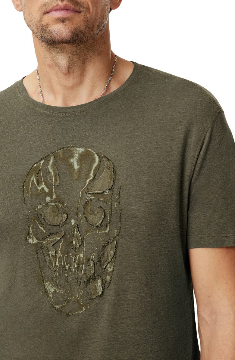 John Varvatos Chain Skull Appliqué Slub Linen Blend T-Shirt, Alternate, color, Olive Leaf