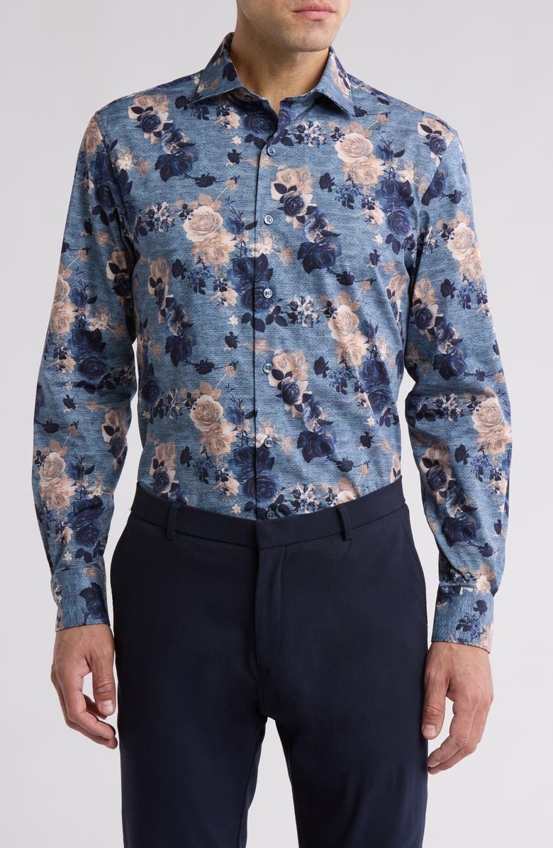 Bugatchi Rose Print Stretch Cotton Button-Up Shirt, Main, color,