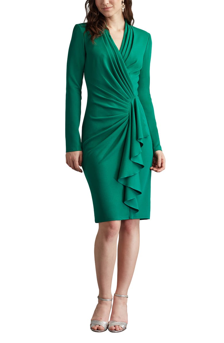Tadashi Shoji Ruffle Side Drape Long Sleeve Cocktail Dress, Main, color, Emerald