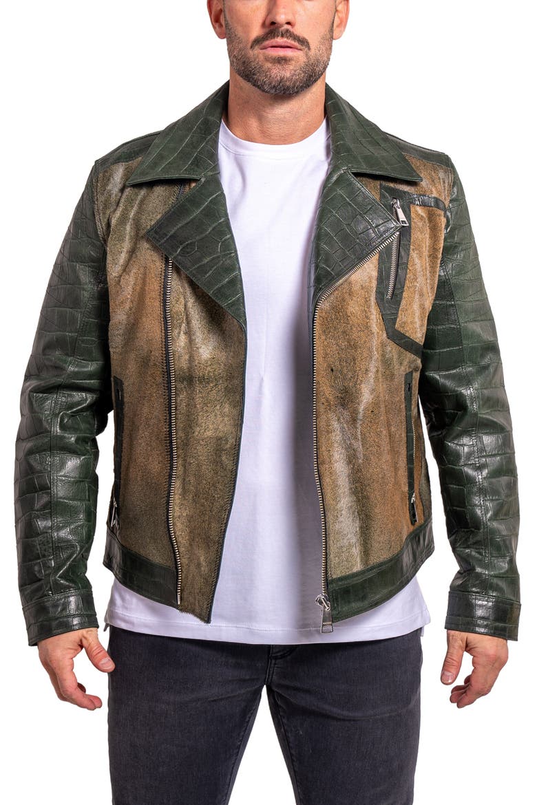 Ascension0026 Genuine Calf Hair & Croc Print Leather Jacket, Main, color, GREEN