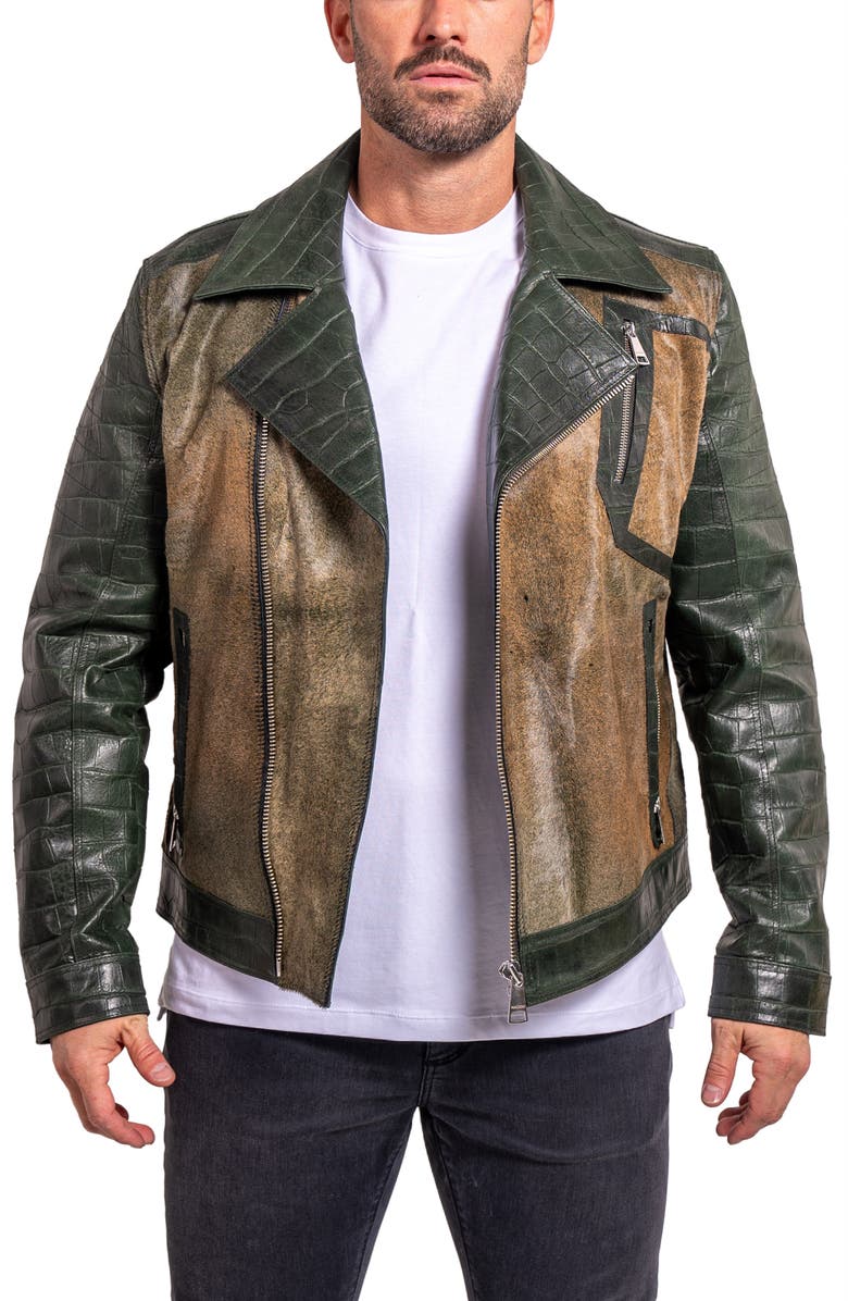 Maceoo Ascension0026 Genuine Calf Hair & Croc Print Leather Jacket, Main, color, Green