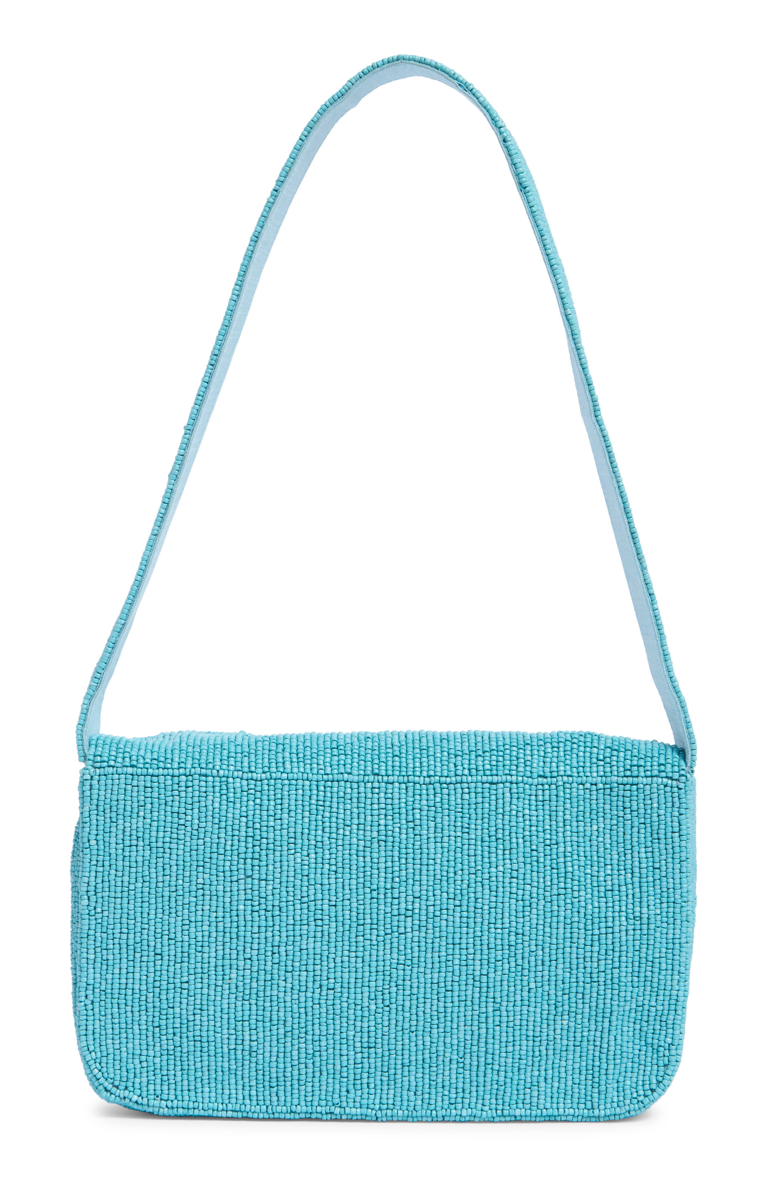 Beaded Flamingo Beach Scene Shoulder Bag, Alternate, color, BLUE MULTI