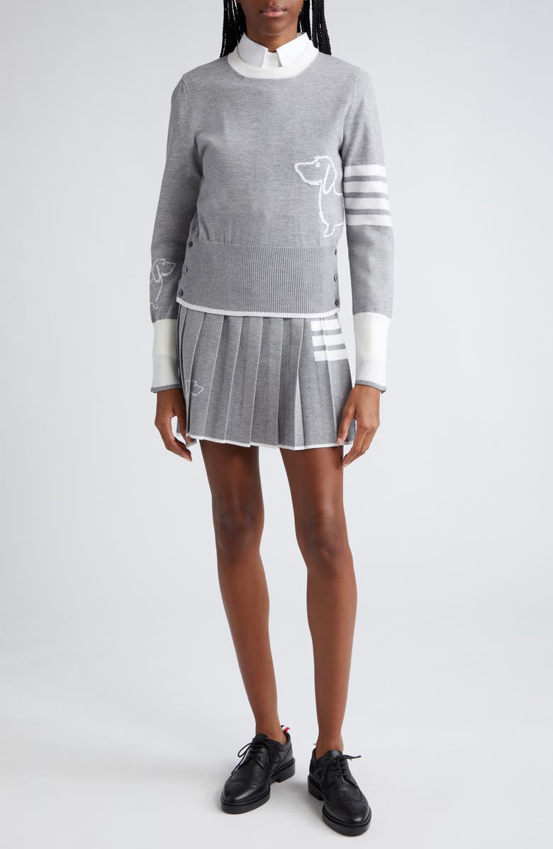 Thom Browne Hector Dog Intarsia 4-Bar Virgin Wool Crewneck Sweater, Alternate, color,