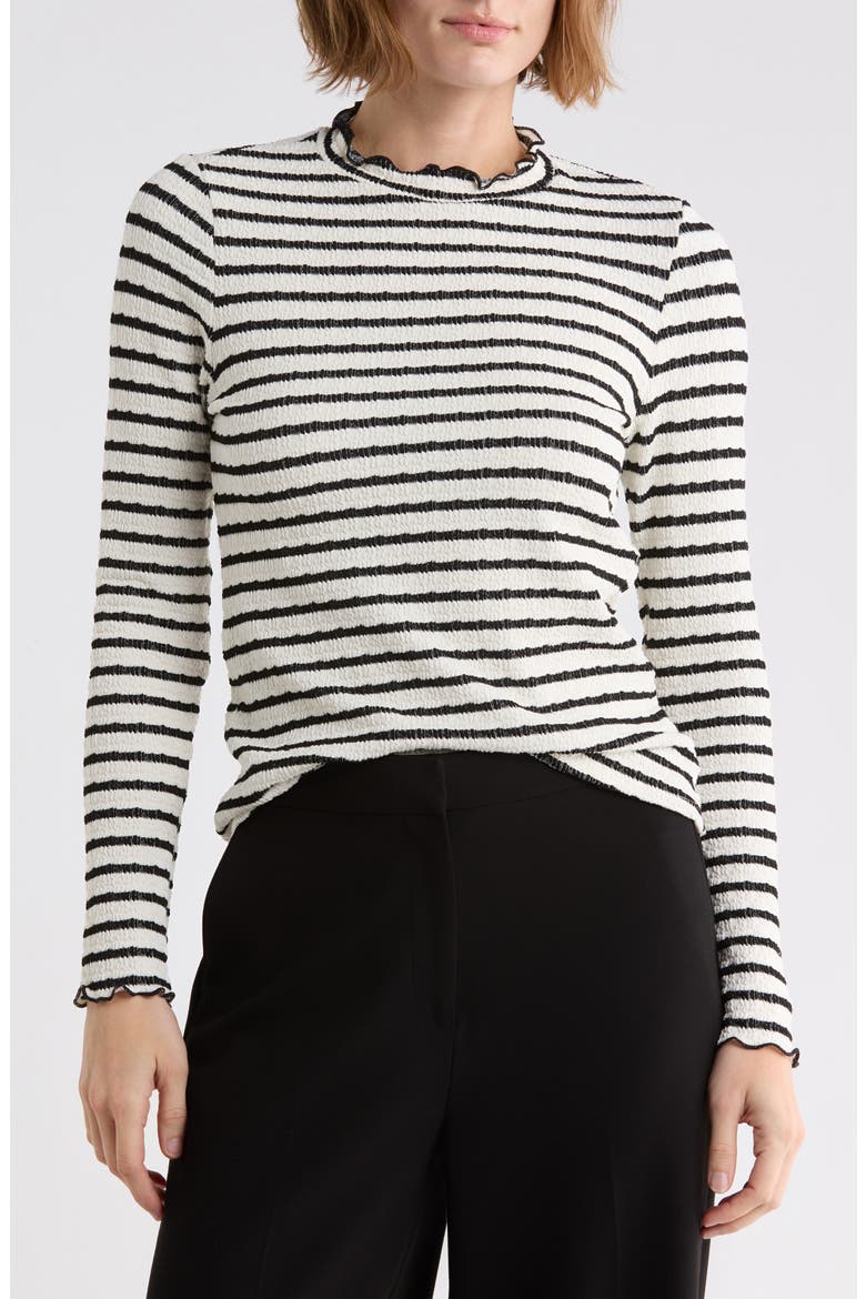 Textured Stripe Lettuce Edge Long Sleeve Mock Neck Top, Main, color, WHITE/ BLACK