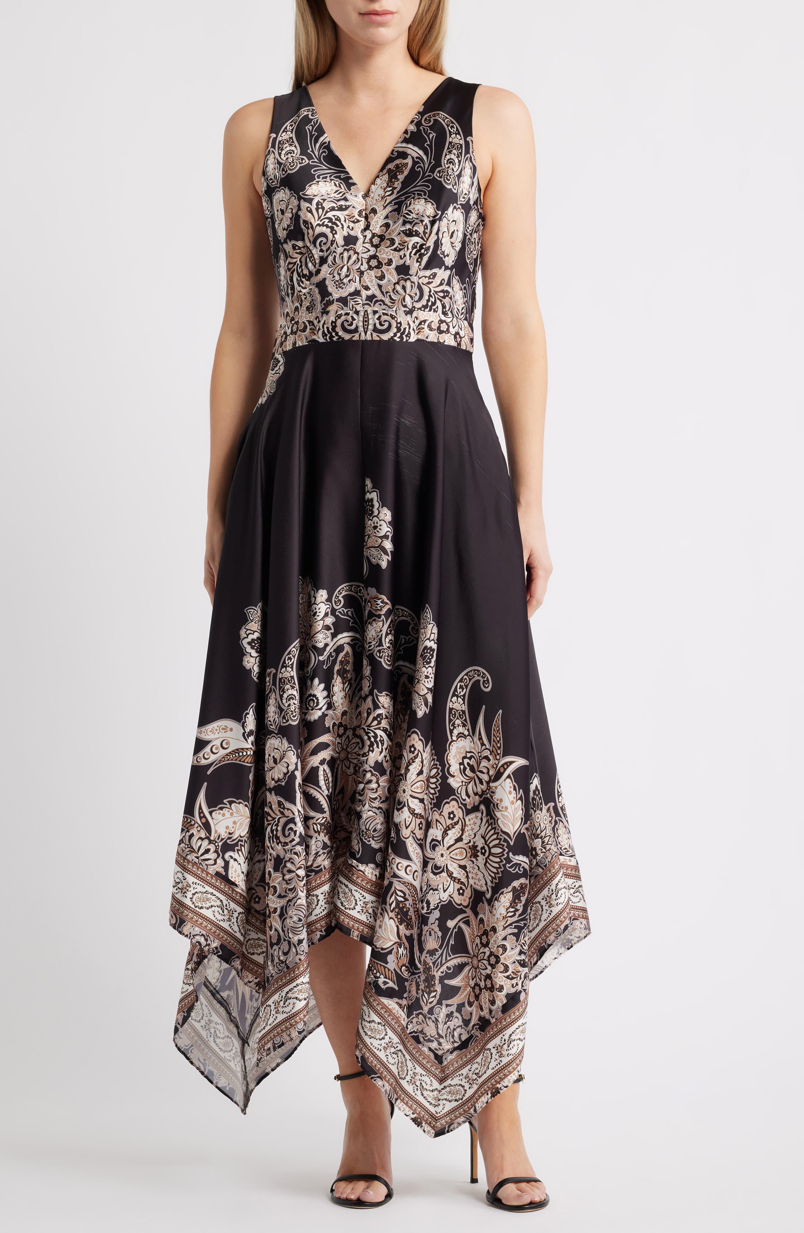 Vince Camuto Placed Scarf Print Handkerchief Hem Cotton Blend Dress