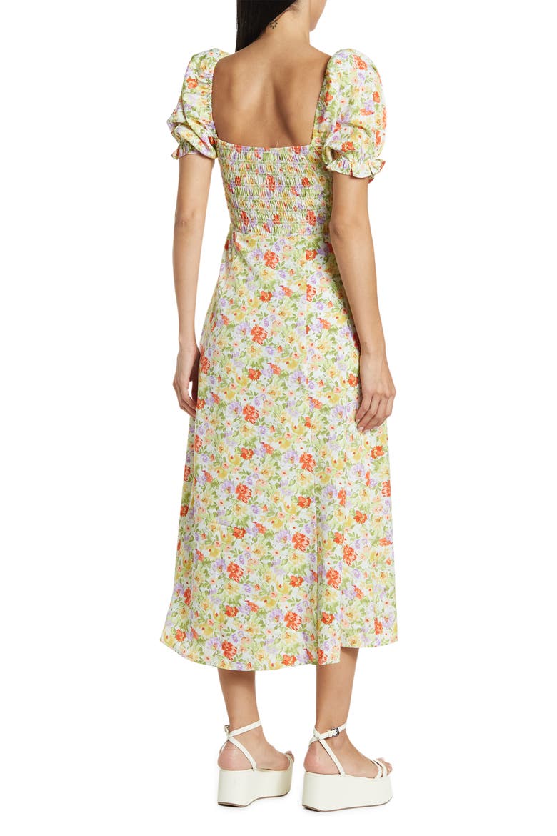 ASTR Smocked Puff-sleeve Midi Dress, Alternate, color, GREEN CORAL FLORAL