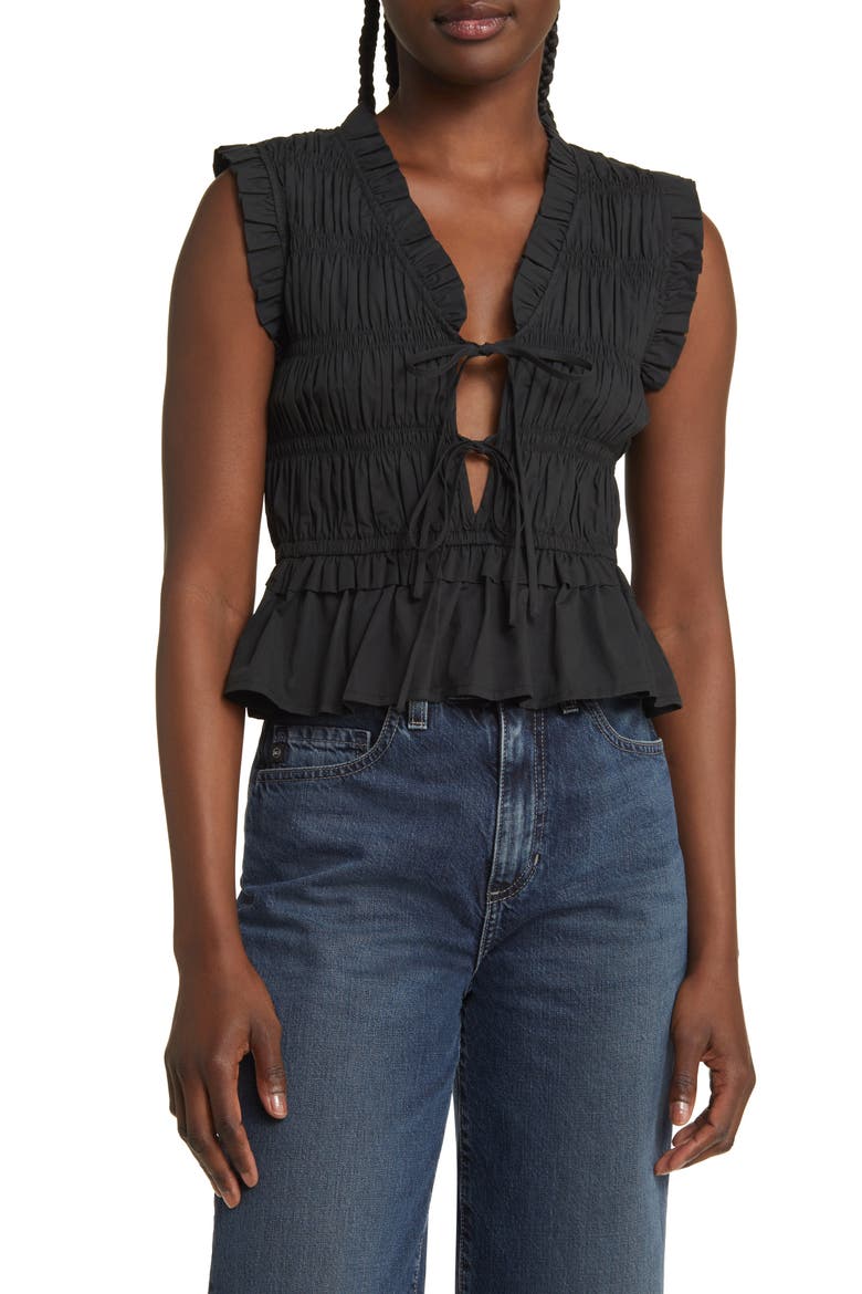 Martine Smocked Ruffle Crop Top, Main, color, BLACK
