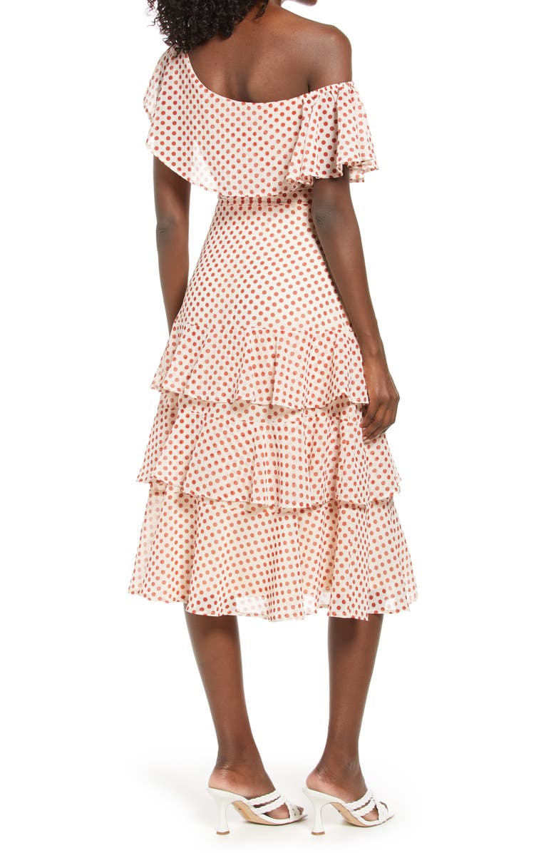 Lulus Polka Dot Tiered One-Shoulder Dress, Alternate, color,