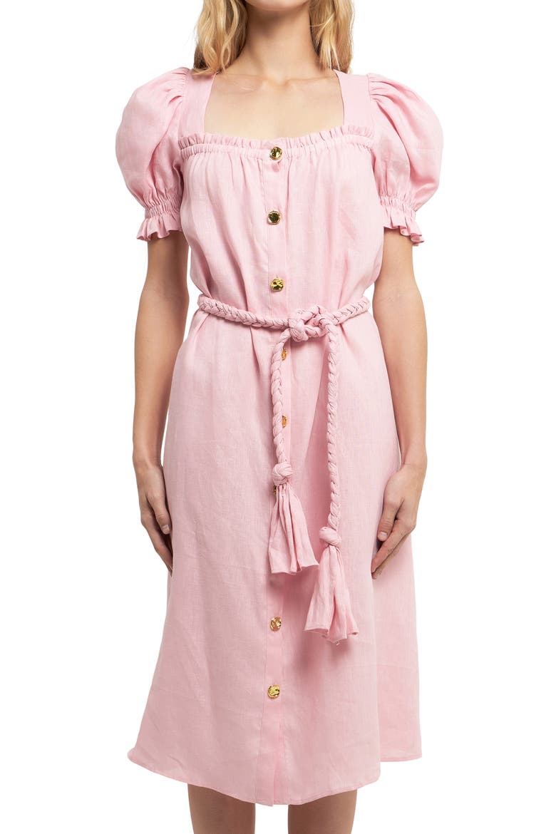 Puff Sleeve Button Front Linen Dress, Alternate, color, PINK