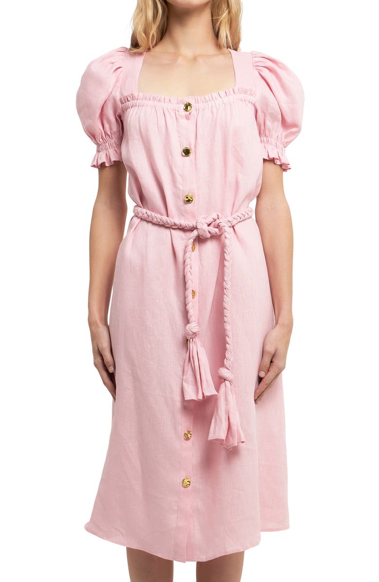 English Factory Puff Sleeve Button Front Linen Dress, Alternate, color, Pink