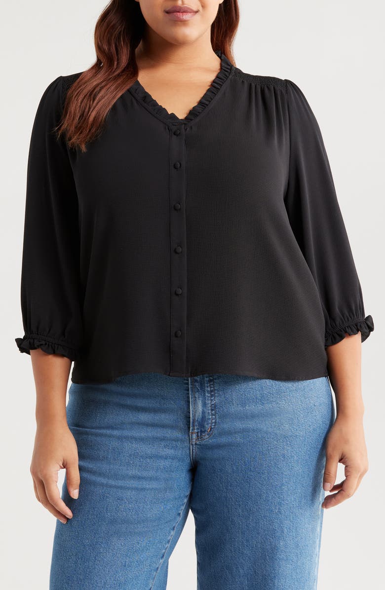 CeCe Ruffle Trim V-Neck Button-Up Top, Main, color, 