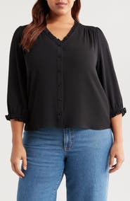 CeCe Ruffle Trim V-Neck Button-Up Top