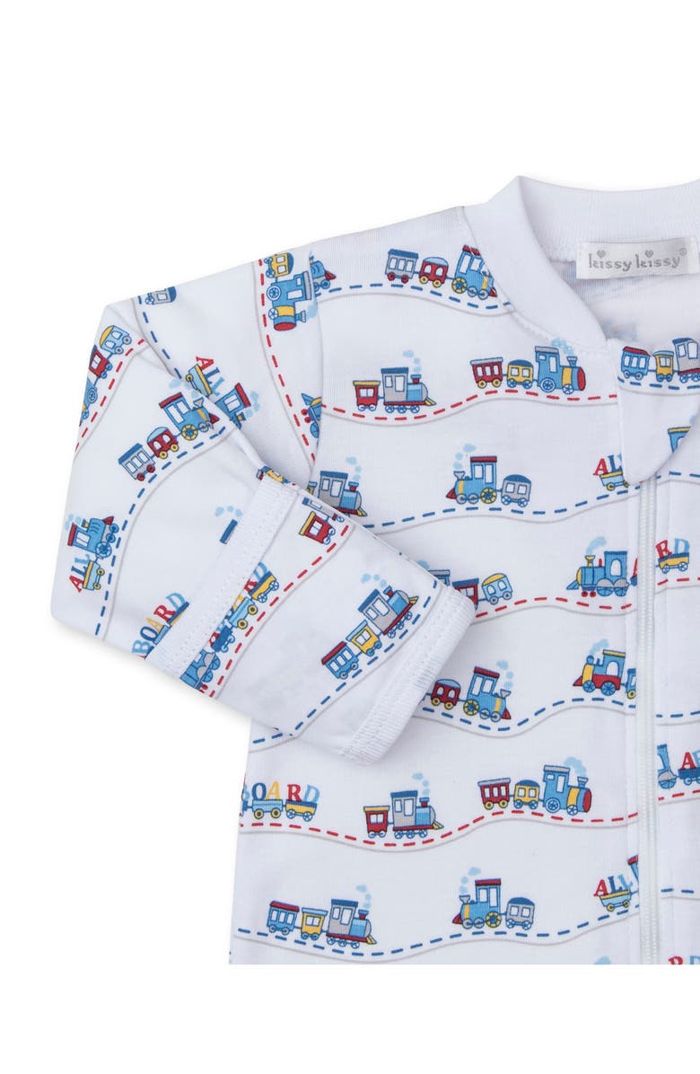 Kissy Kissy Train Print Pima Cotton Zip Footie, Alternate, color,