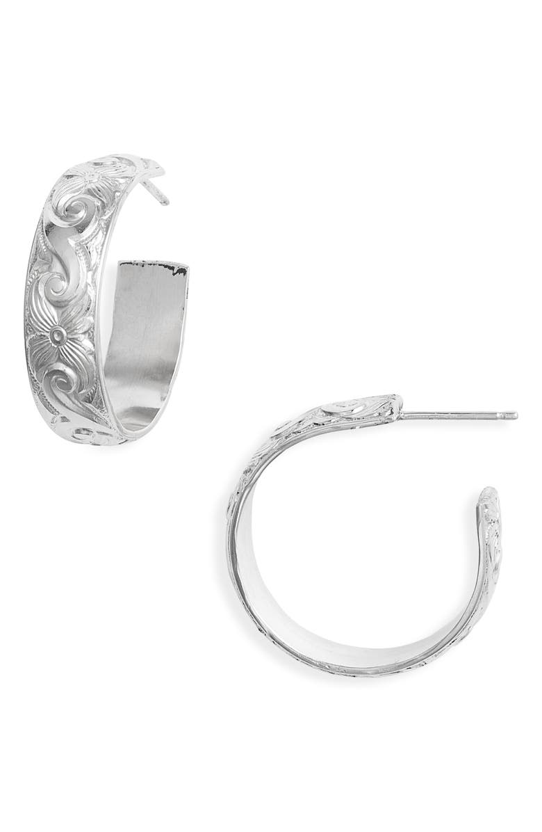 Nashelle Thick Flora Hoop Earrings, Main, color, Sterling Silver