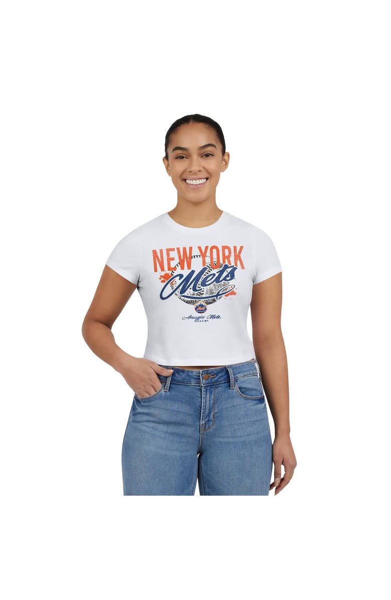 WEAR by Erin Andrews Women's WEAR by Erin Andrews  White New York Mets Distressed Cropped Baby T-Shirt, Alternate, color, 