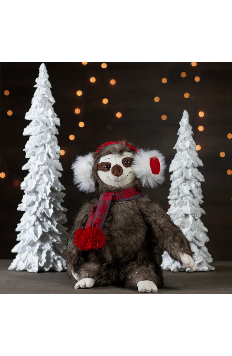Northlight Plush Sitting Winter Sloth with Plaid and Pom Pom Scarf Christmas Figure - 12", Alternate, color, Brown