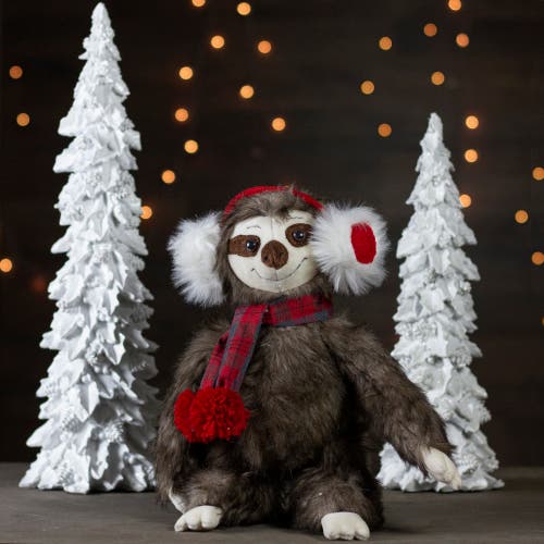 Northlight Plush Sitting Winter Sloth With Plaid And Pom Pom Scarf Christmas Figure In Brown