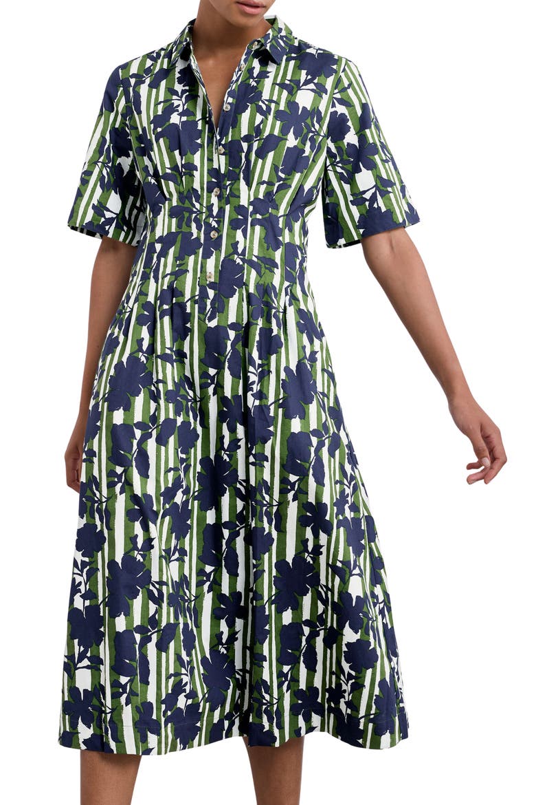 Wild Liquorice Organic Cotton Midi Shirtdress, Main, color, CAMELLIA STRIPE FOREST GREEN