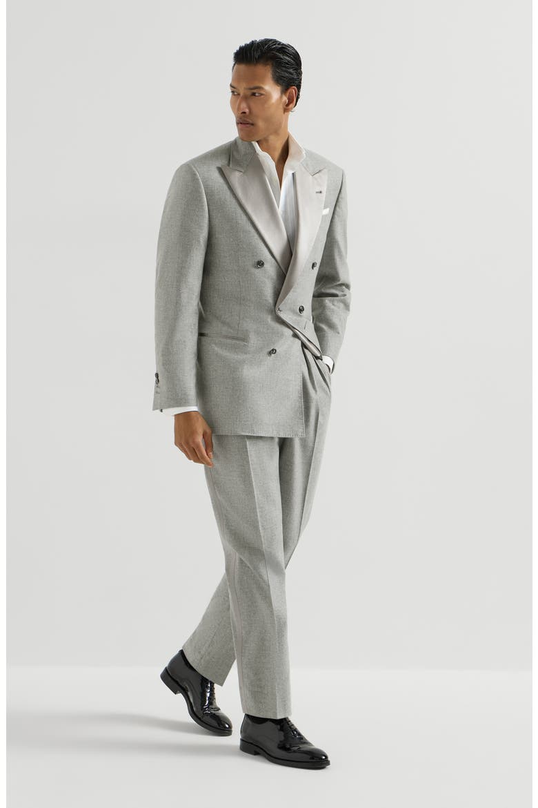 Cashmere and silk lightweight flannel tuxedo one-and-a-half breasted jacket and trousers with double pleats and waist tabs, Main, color, Light Grey