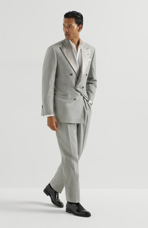Cashmere and silk lightweight flannel tuxedo one-and-a-half breasted jacket and trousers with double pleats and waist tabs