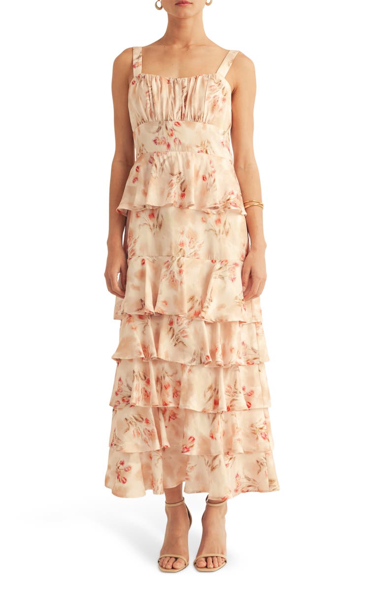 Arose Studio Blossom Print Sleeveless Tiered Gown, Main, color, Soft Pink