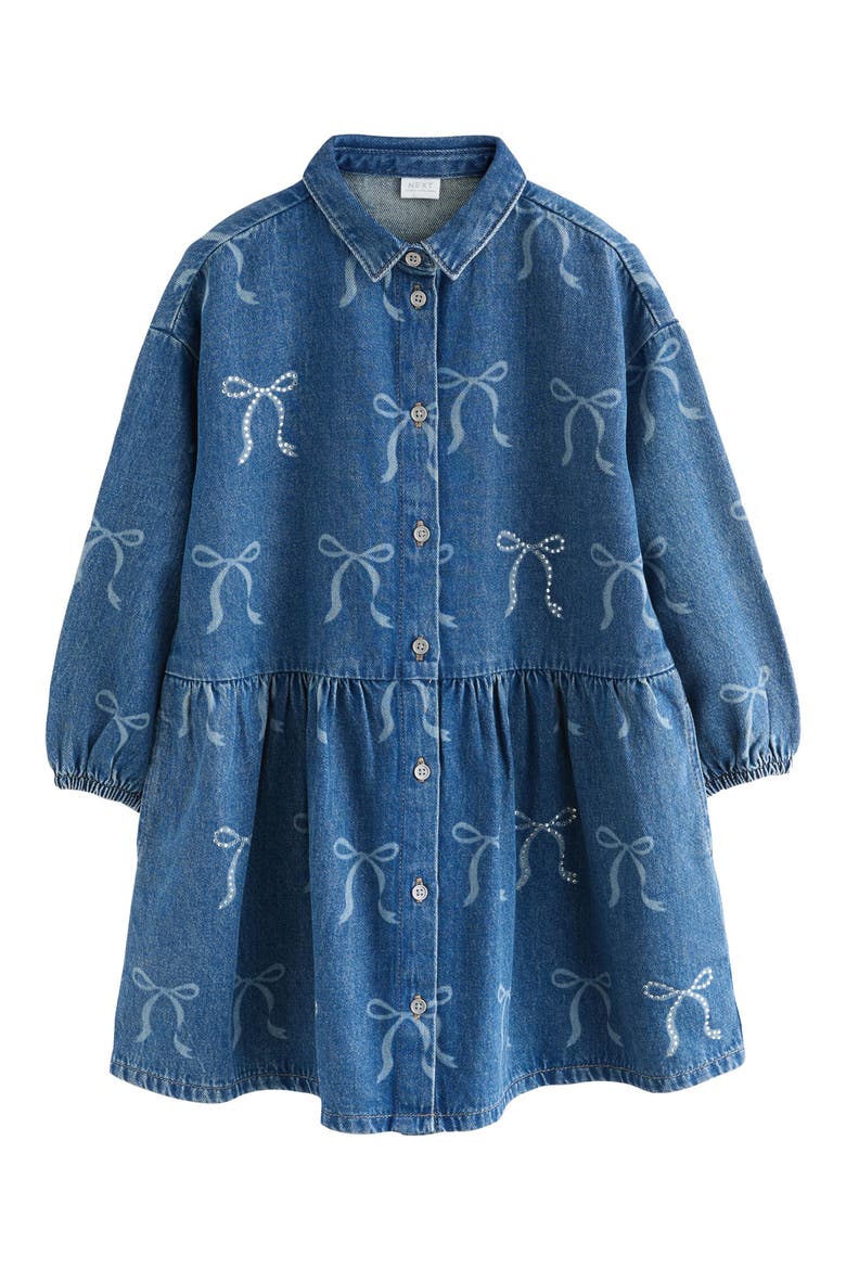 Kids' Bow Diamante Long Sleeve Denim Shirtdress, Main, color, BLUE