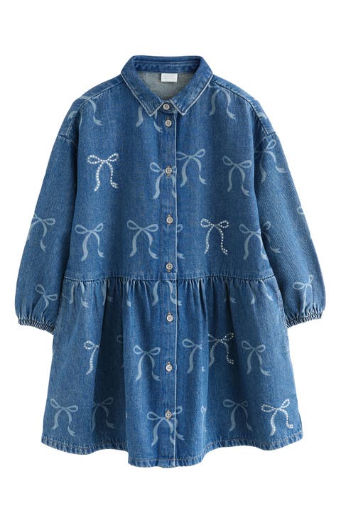 Kids' Bow Diamante Long Sleeve Denim Shirtdress (Big Kid)